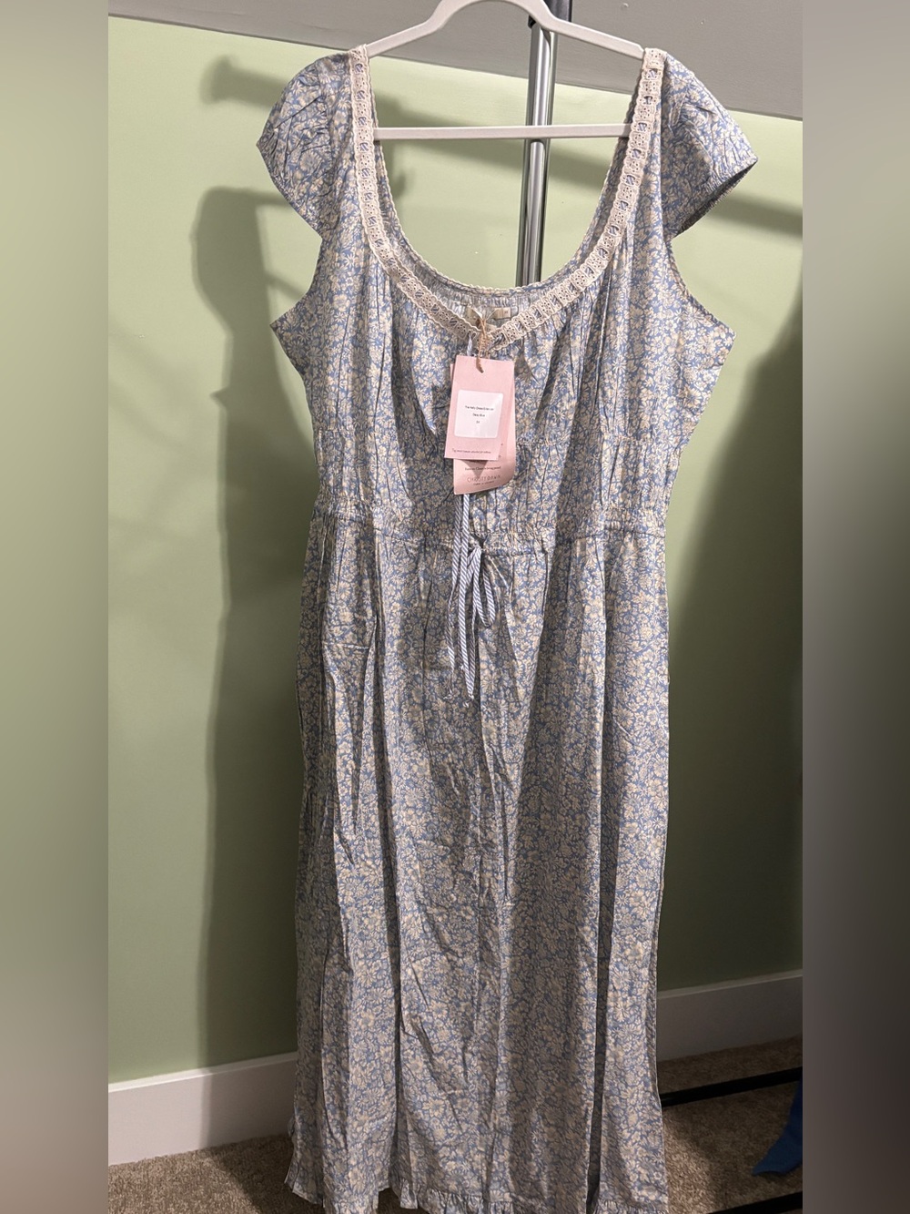 Christy Dawn Light Blue Floral Cotton Maxi Dress with Lace Trim size 3X. Pockets